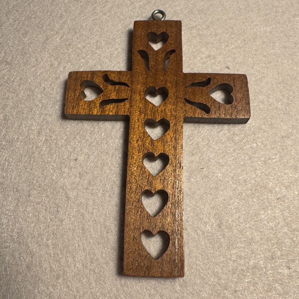 Handcrafted Amana Colonies Wooden Cross - Heart Cutout Wall Hanging Ornament